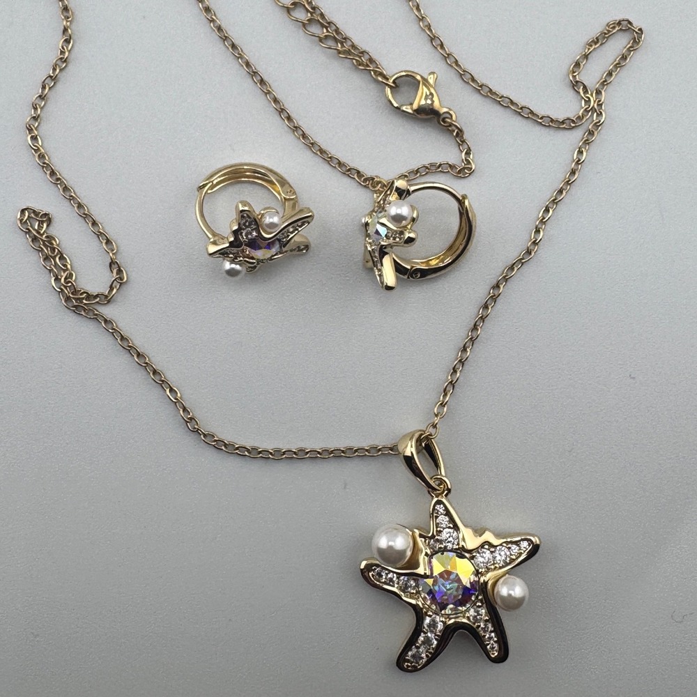 New 14K Gold Plated Starfish Necklace and Earrings Set Crystal Pearl Nautical